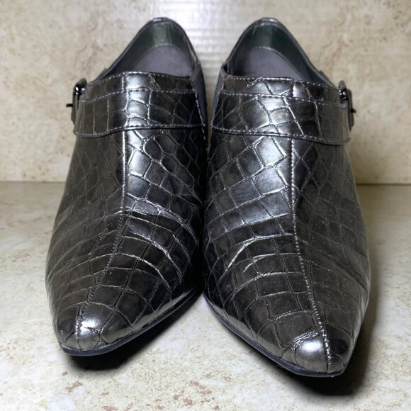 Anne Klein Womens Metallic Croc-Embossed Faux Leather Heeled Booties - Picture 2 of 11